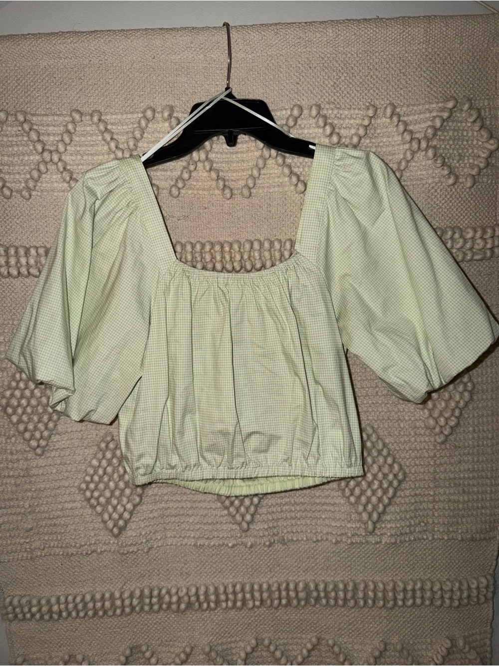 Copper Key Gingham Pale Mint Puff Sleeve Cropped Blouse - Picture 2 of 3